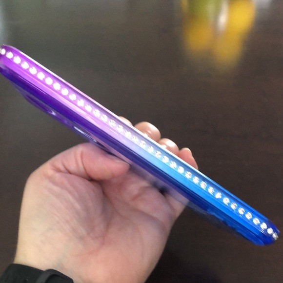 Purple and Blue phone case with floating hearts and “diamonds” along edge - Picture 2 of 3